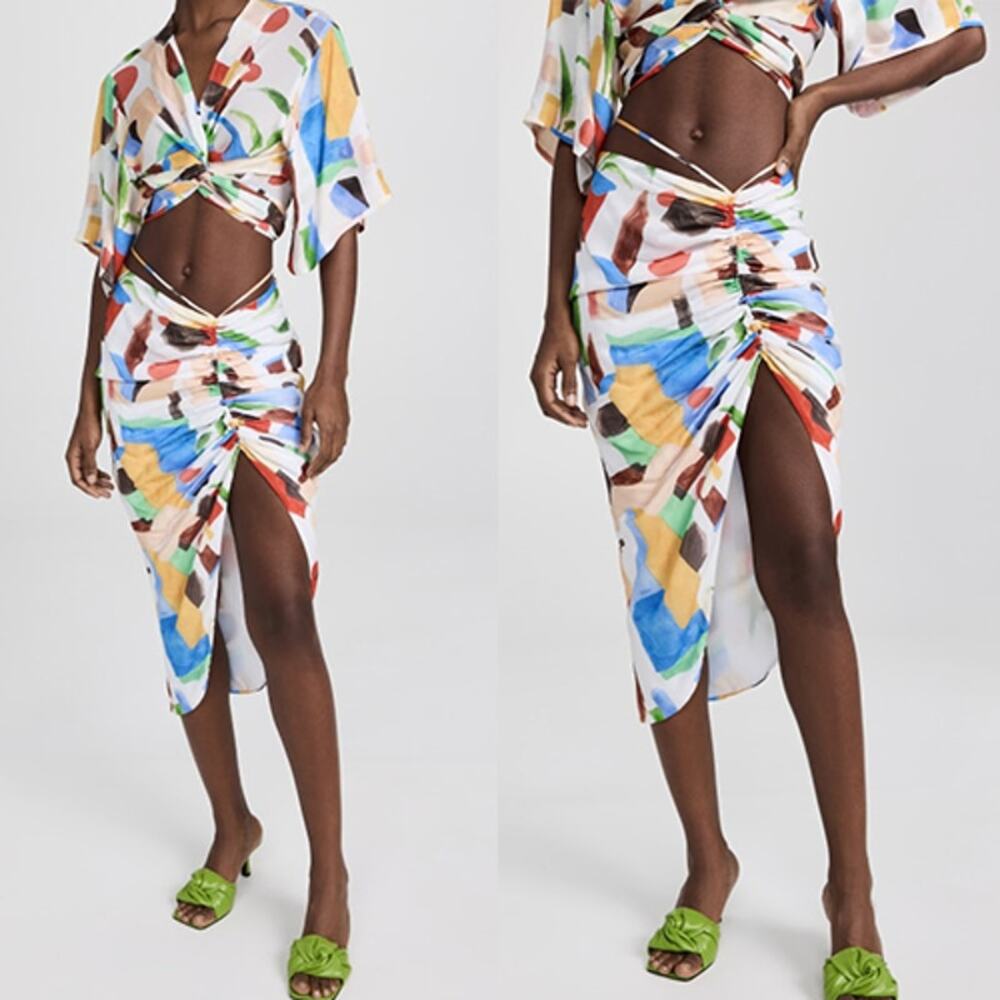 NWT Just Bee Queen Wrap Top and Minela Ruched Skirt SET in Abstract Leaf Print
